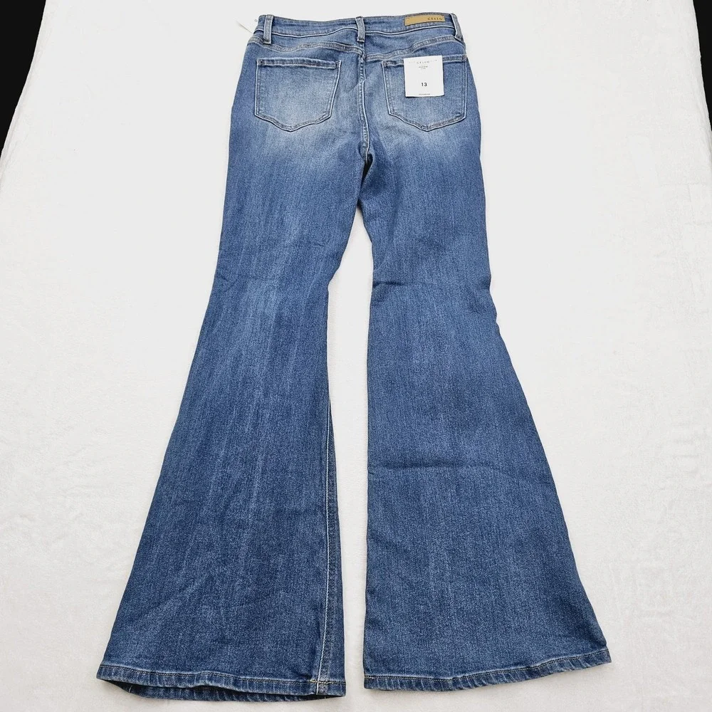 NEW Cello Womens 13 High Rise Flare‎ Jeans Distressed Blue Denim Casual